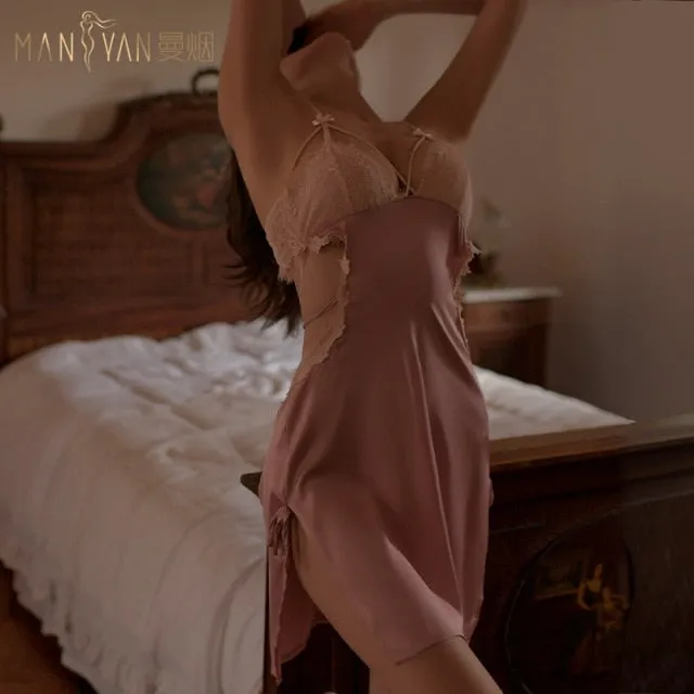 VenusFox Light Luxury Sexy Lingerie Sexy Lace Water Soluble Flower Lace Split Skirt Suspender Nightdress