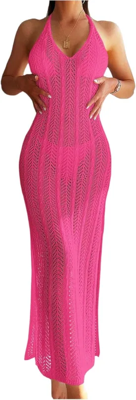 Verdusa Women's Halter Neck Tied Backless Crochet Knitted Bikini Cover Up Dress