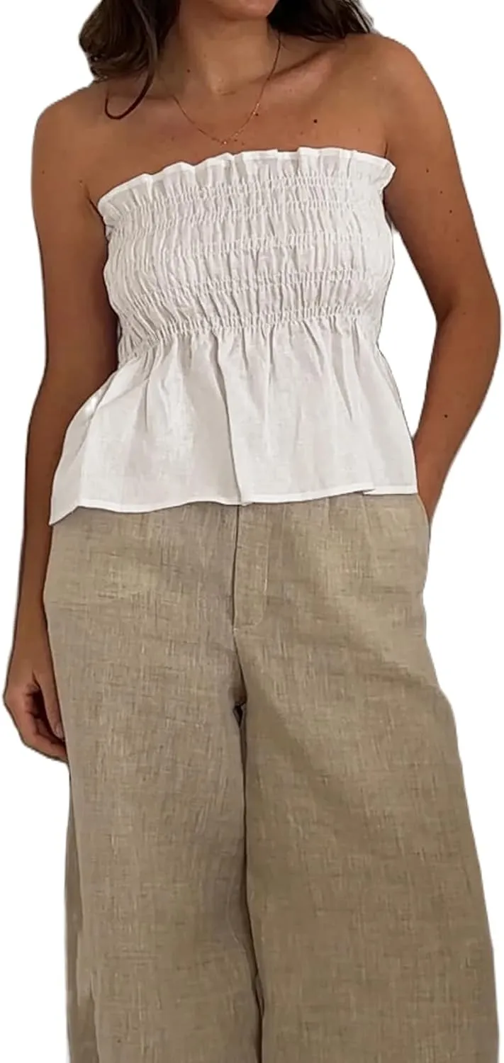 Women Ruffle Shorts Set 2 Piece Outfits Summer Smocked Strapless Tube Top and Short Sets Lounge Suit Streetwear
