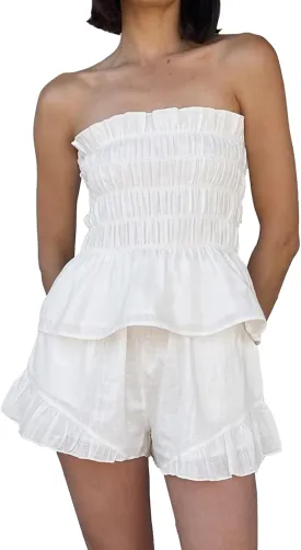 Women Ruffle Shorts Set 2 Piece Outfits Summer Smocked Strapless Tube Top and Short Sets Lounge Suit Streetwear