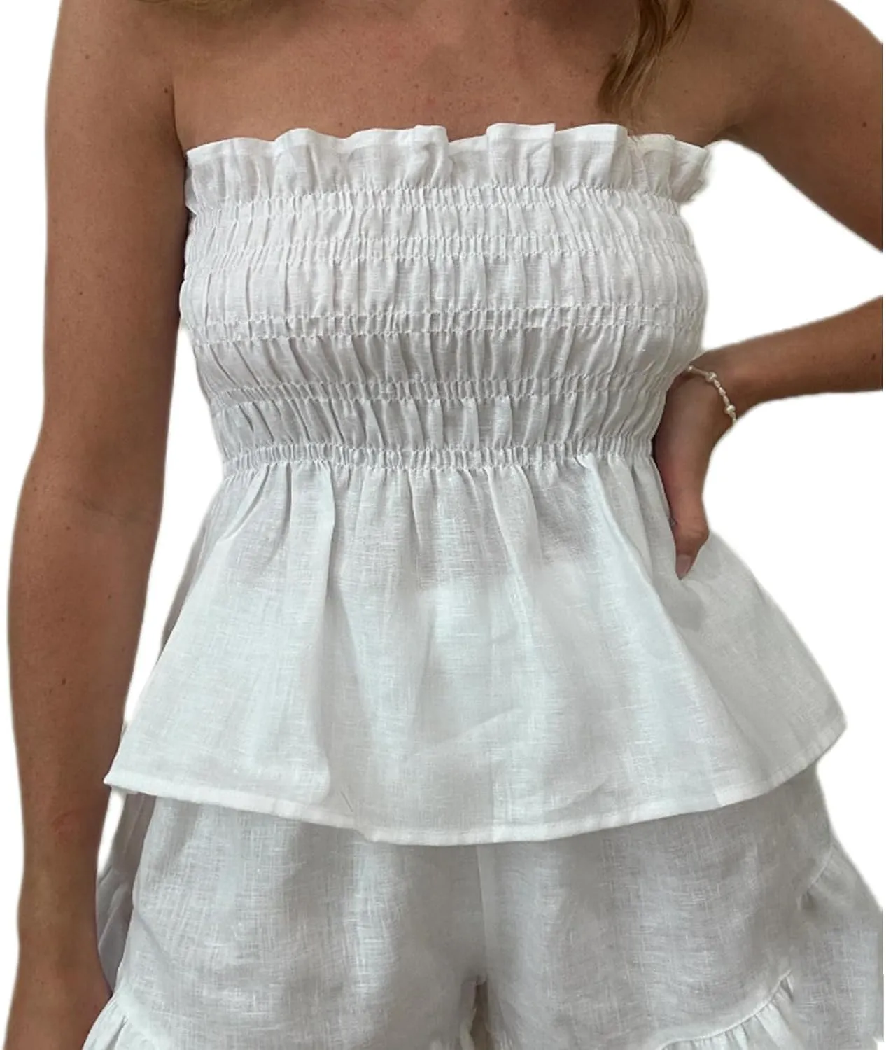 Women Ruffle Shorts Set 2 Piece Outfits Summer Smocked Strapless Tube Top and Short Sets Lounge Suit Streetwear