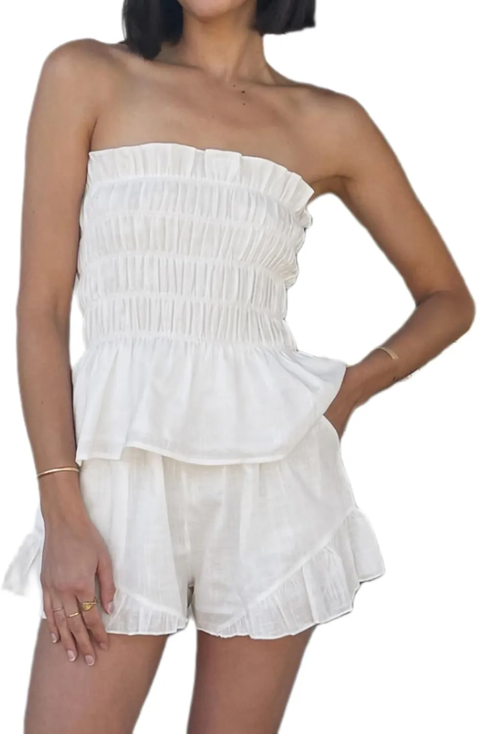 Women Ruffle Shorts Set 2 Piece Outfits Summer Smocked Strapless Tube Top and Short Sets Lounge Suit Streetwear