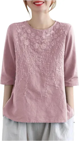 Womens Embroidered Tops Cotton Linen Tunic Blouse 3/4 Sleeve Loose Fit Casual Floral Vintage Shirt