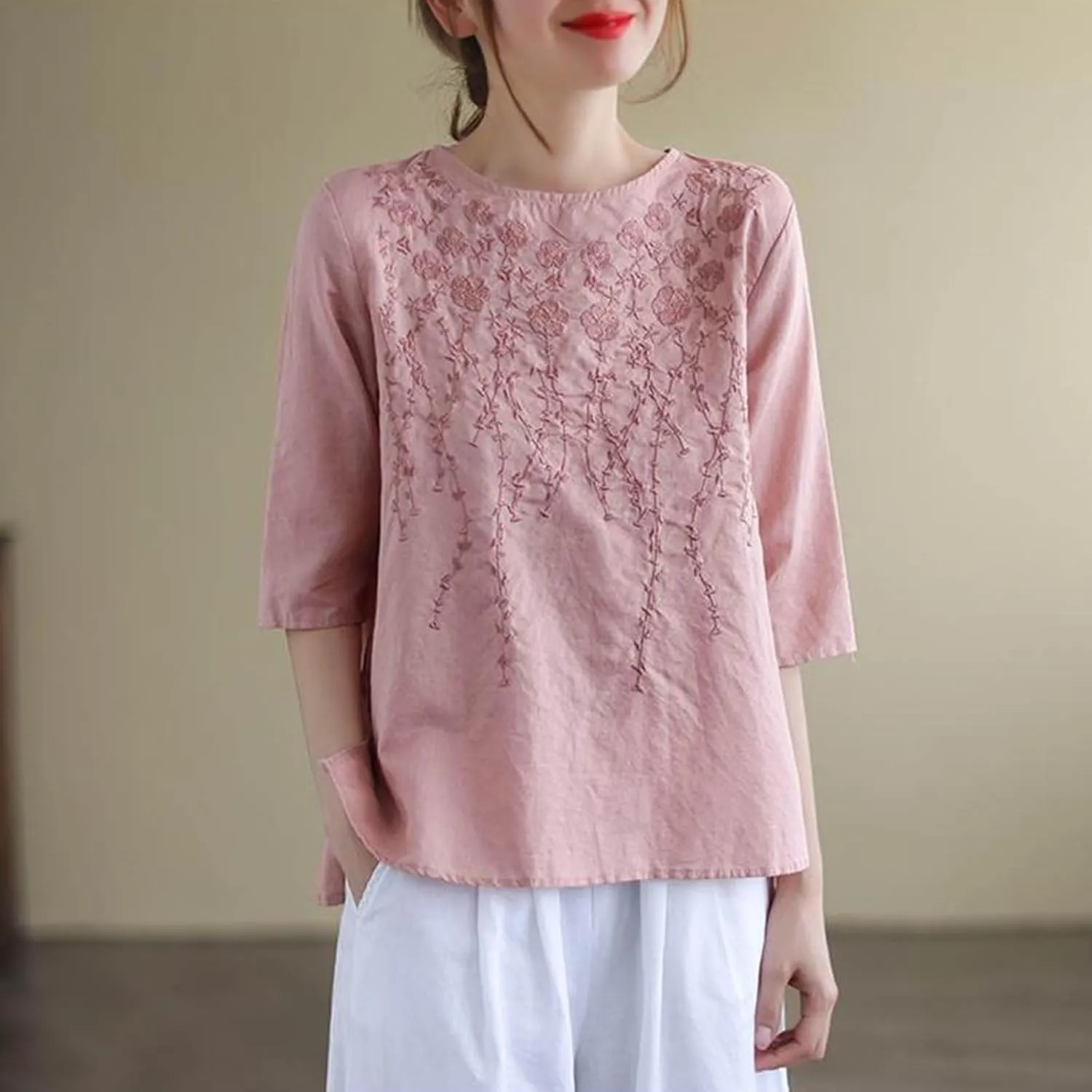 Womens Embroidered Tops Cotton Linen Tunic Blouse 3/4 Sleeve Loose Fit Casual Floral Vintage Shirt