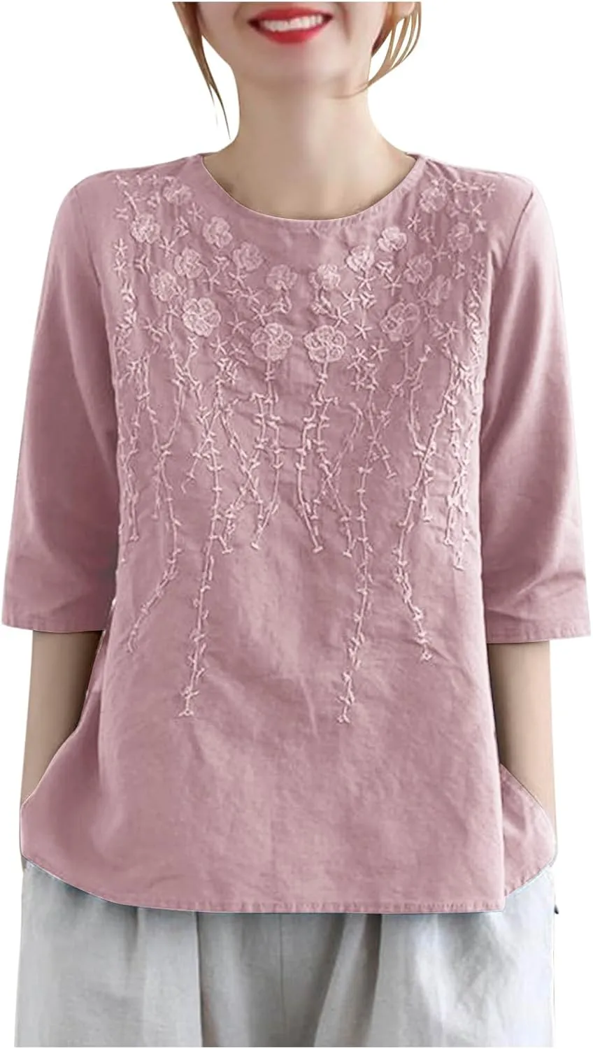 Womens Embroidered Tops Cotton Linen Tunic Blouse 3/4 Sleeve Loose Fit Casual Floral Vintage Shirt