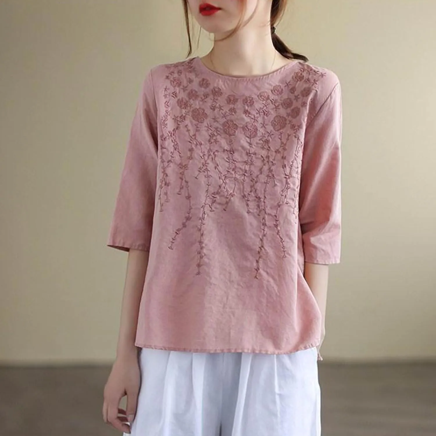 Womens Embroidered Tops Cotton Linen Tunic Blouse 3/4 Sleeve Loose Fit Casual Floral Vintage Shirt