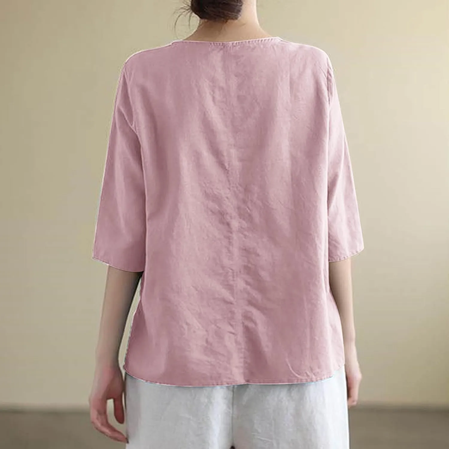 Womens Embroidered Tops Cotton Linen Tunic Blouse 3/4 Sleeve Loose Fit Casual Floral Vintage Shirt