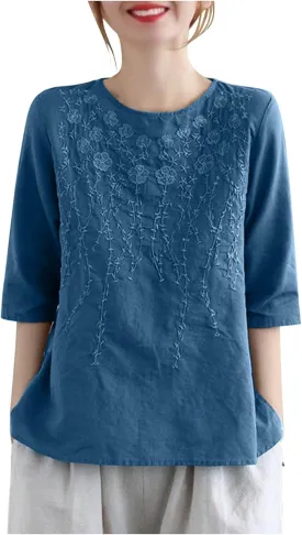Womens Embroidered Tops Cotton Linen Tunic Blouse 3/4 Sleeve Loose Fit Casual Floral Vintage Shirt