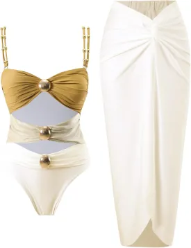 Women's One Piece Swimsuit with Cover up Set Beach Wrap Skirt Retro Bikini Set Two Piece Bathing Suit with Cover up