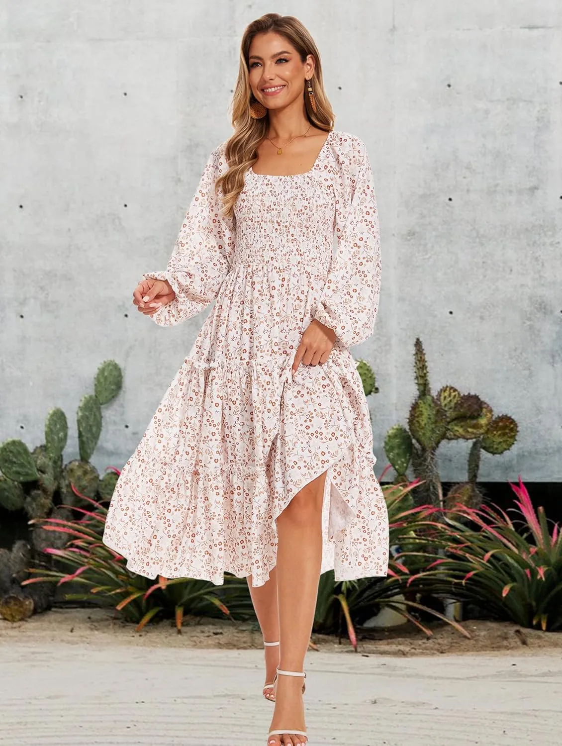 Women's Puff Long Sleeve Smocked Dress Boho Floral Tiered Square Neck Ruffle Flowy Midi Dresses with Pockets