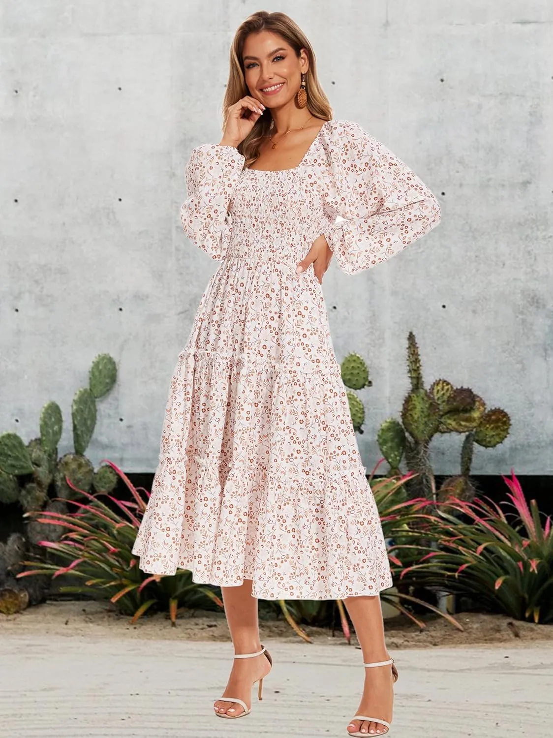 Women's Puff Long Sleeve Smocked Dress Boho Floral Tiered Square Neck Ruffle Flowy Midi Dresses with Pockets