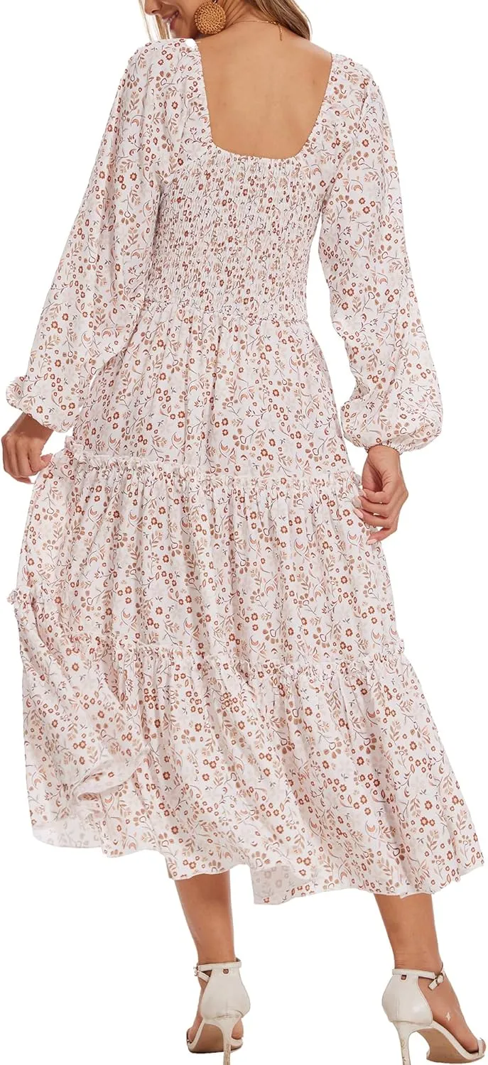 Women's Puff Long Sleeve Smocked Dress Boho Floral Tiered Square Neck Ruffle Flowy Midi Dresses with Pockets