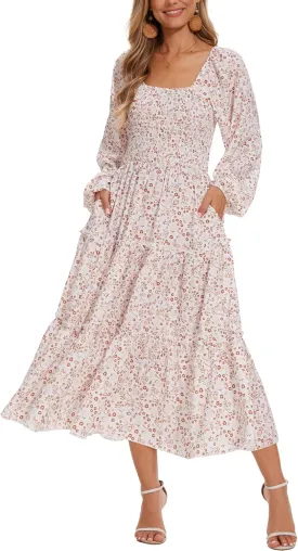 Women's Puff Long Sleeve Smocked Dress Boho Floral Tiered Square Neck Ruffle Flowy Midi Dresses with Pockets