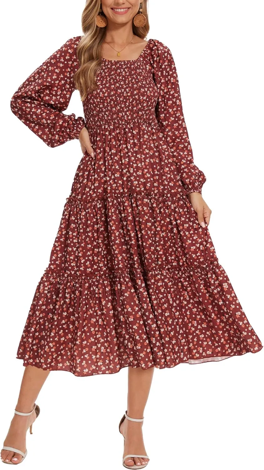Women's Puff Long Sleeve Smocked Dress Boho Floral Tiered Square Neck Ruffle Flowy Midi Dresses with Pockets