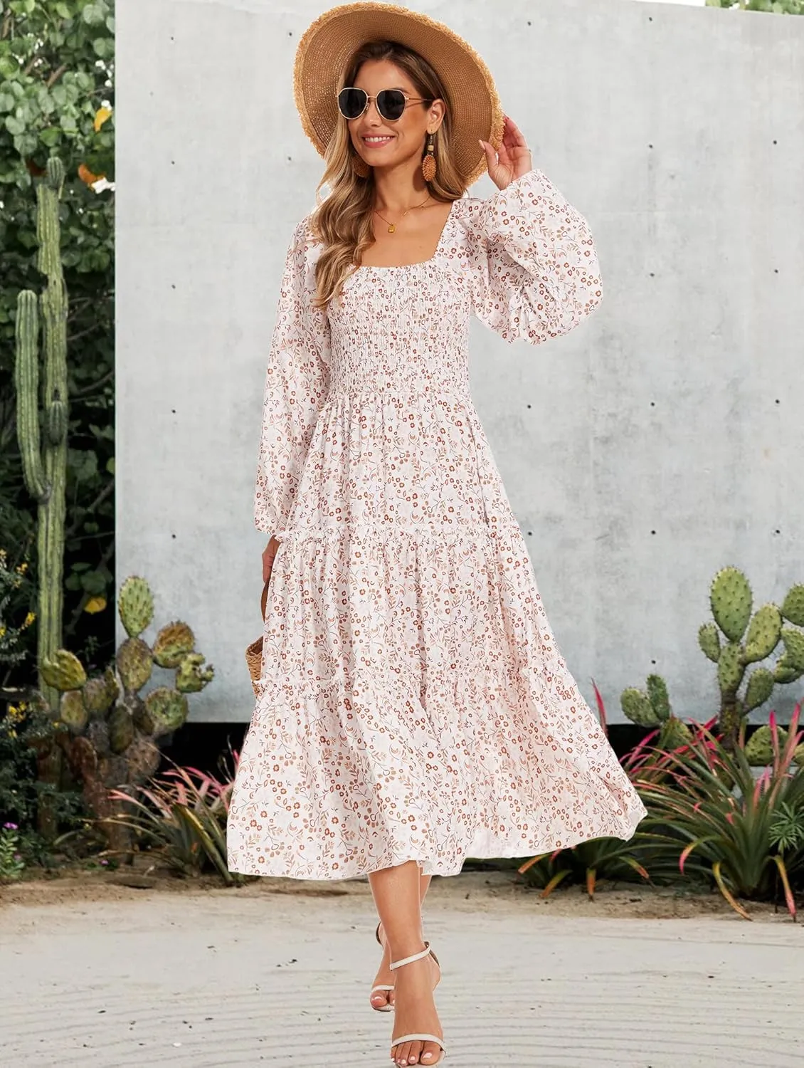 Women's Puff Long Sleeve Smocked Dress Boho Floral Tiered Square Neck Ruffle Flowy Midi Dresses with Pockets