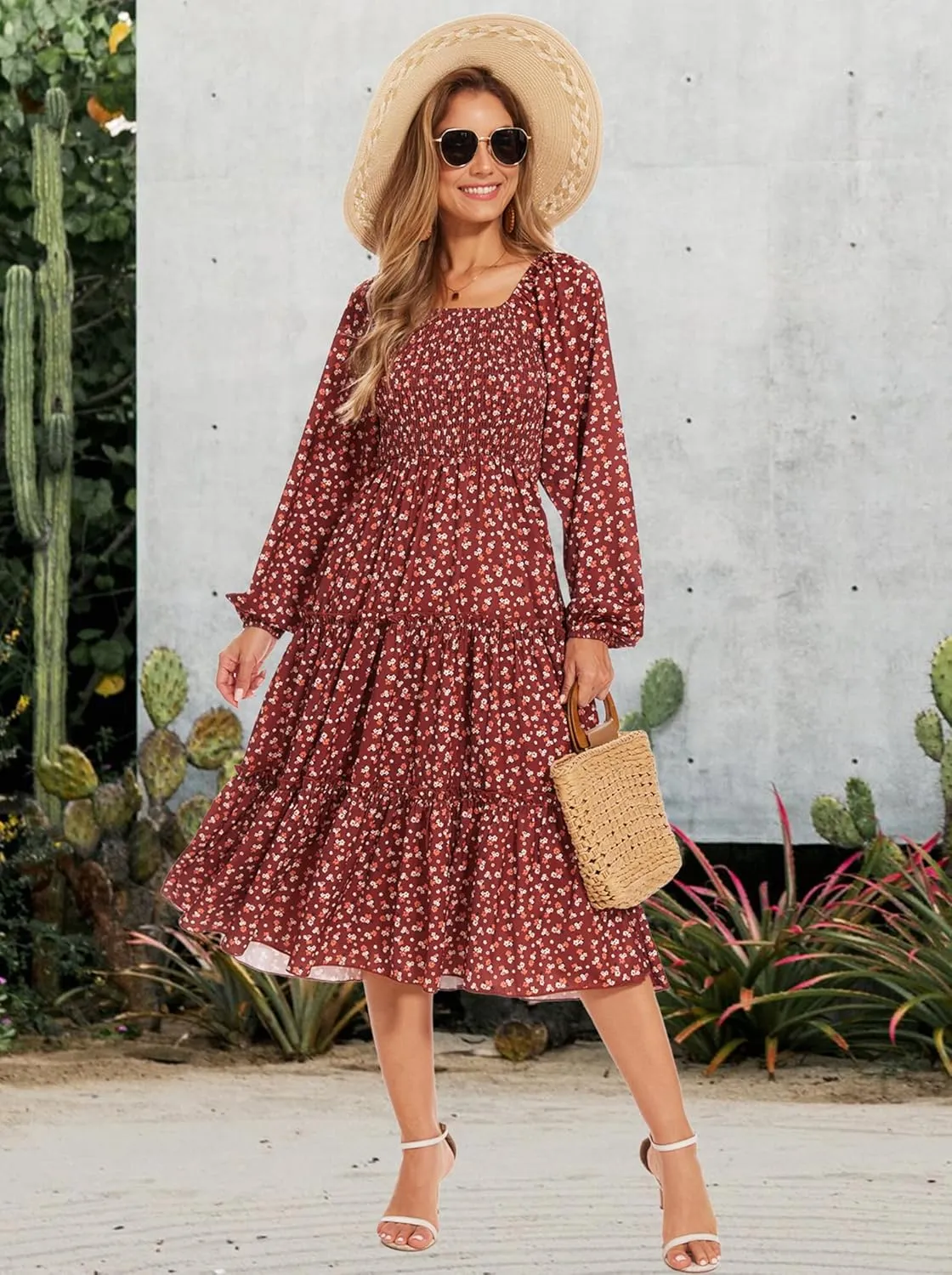 Women's Puff Long Sleeve Smocked Dress Boho Floral Tiered Square Neck Ruffle Flowy Midi Dresses with Pockets