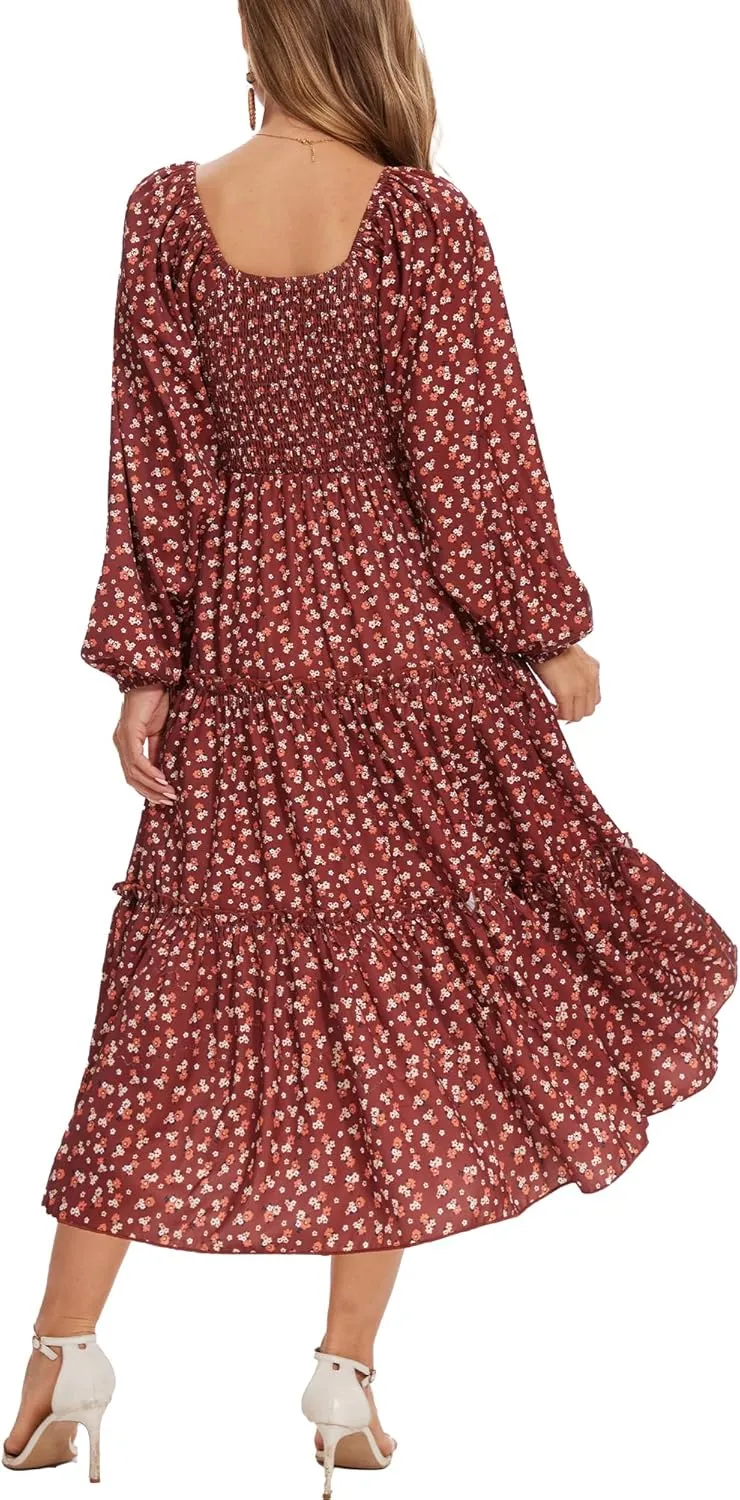 Women's Puff Long Sleeve Smocked Dress Boho Floral Tiered Square Neck Ruffle Flowy Midi Dresses with Pockets