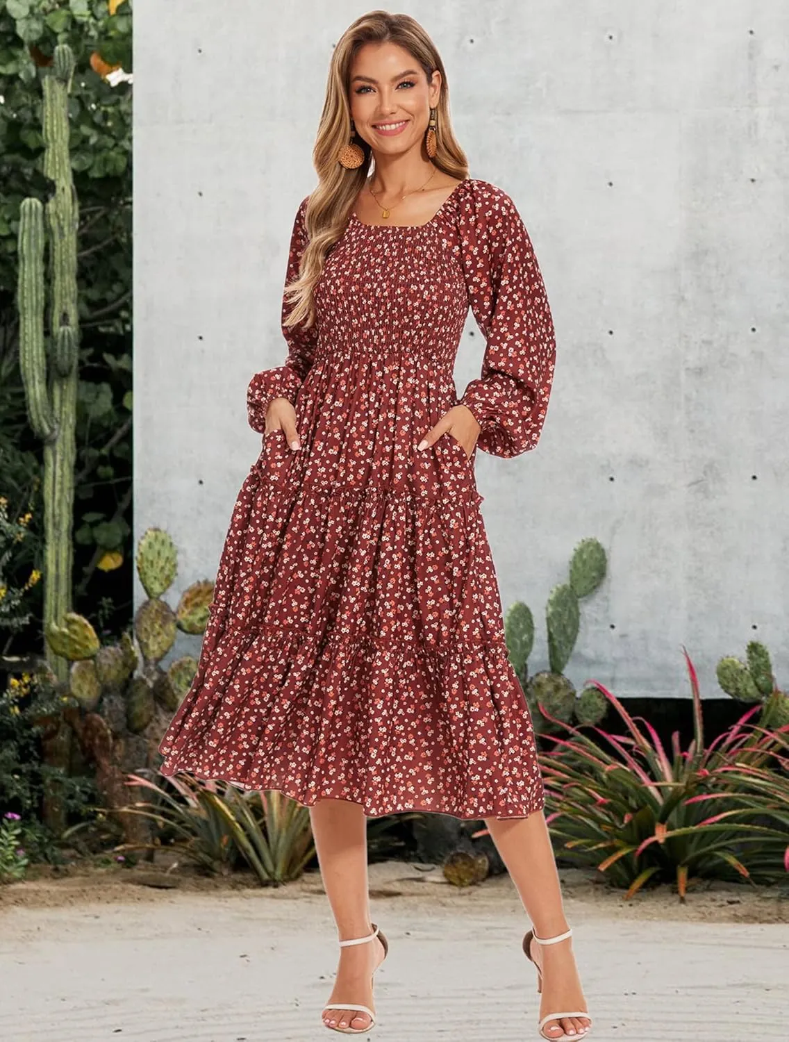 Women's Puff Long Sleeve Smocked Dress Boho Floral Tiered Square Neck Ruffle Flowy Midi Dresses with Pockets