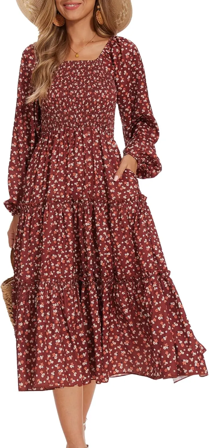 Women's Puff Long Sleeve Smocked Dress Boho Floral Tiered Square Neck Ruffle Flowy Midi Dresses with Pockets