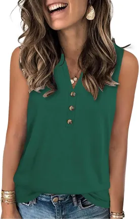 Womens Summer Tank Top V Neck Sleeveless Tops Button Shirts Loose Fit Basic Clothes