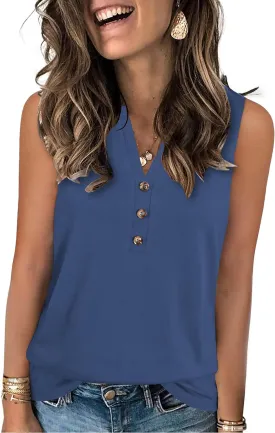 Womens Summer Tank Top V Neck Sleeveless Tops Button Shirts Loose Fit Basic Clothes