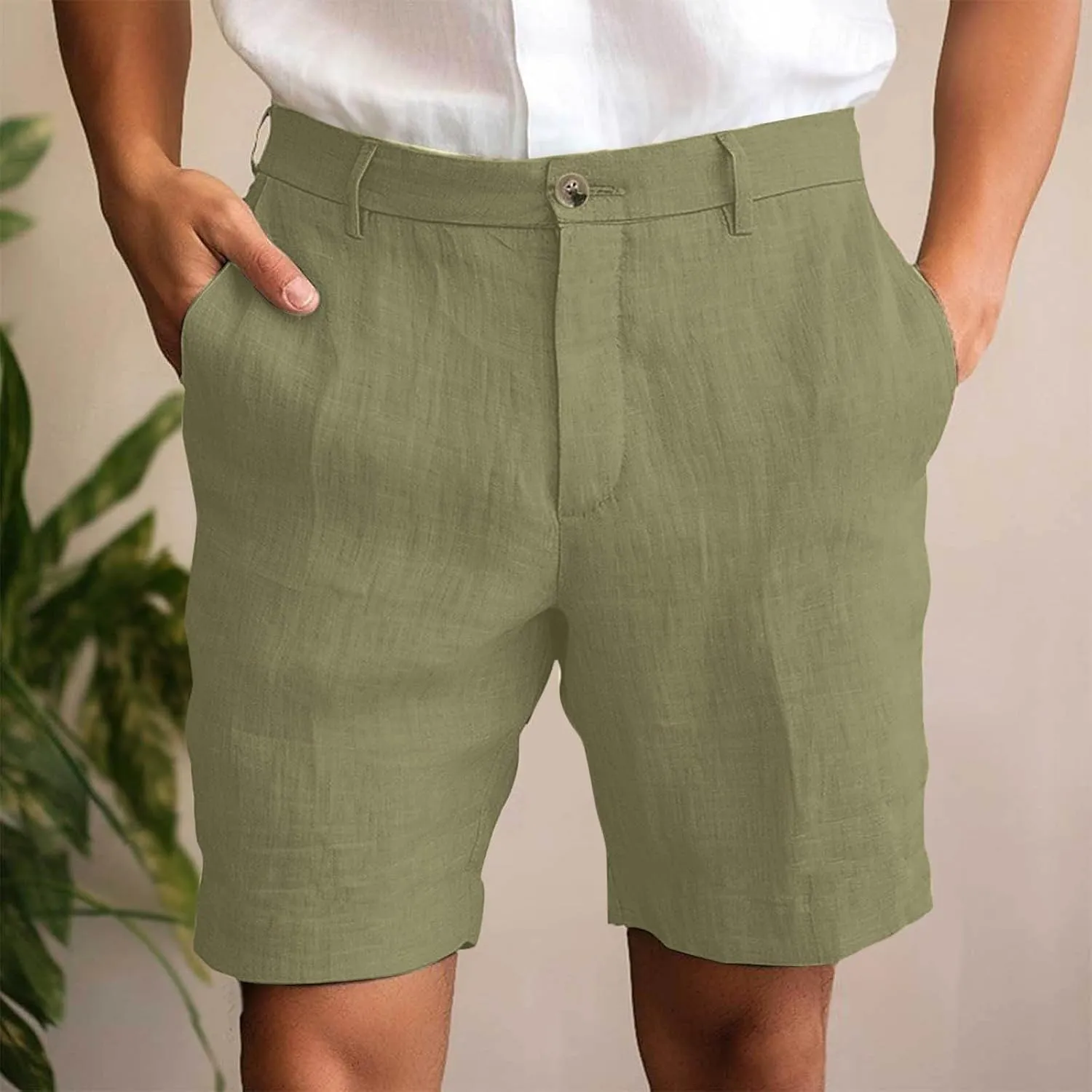 Xiaojmake Mens Linen Short Solid Summer Flat Front Casual Bermuda Shorts Button High Waisted Pleated Dress Short with Pockets
