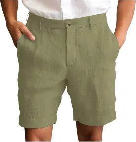 Xiaojmake Mens Linen Short Solid Summer Flat Front Casual Bermuda Shorts Button High Waisted Pleated Dress Short with Pockets