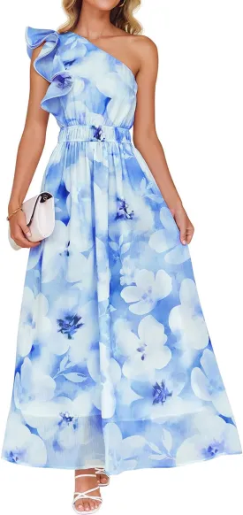 ZESICA Women's 2025 Boho Floral Sleeveless Maxi Dress Ruffle One Shoulder Elatsic High Waist Beach Party Long Dresses