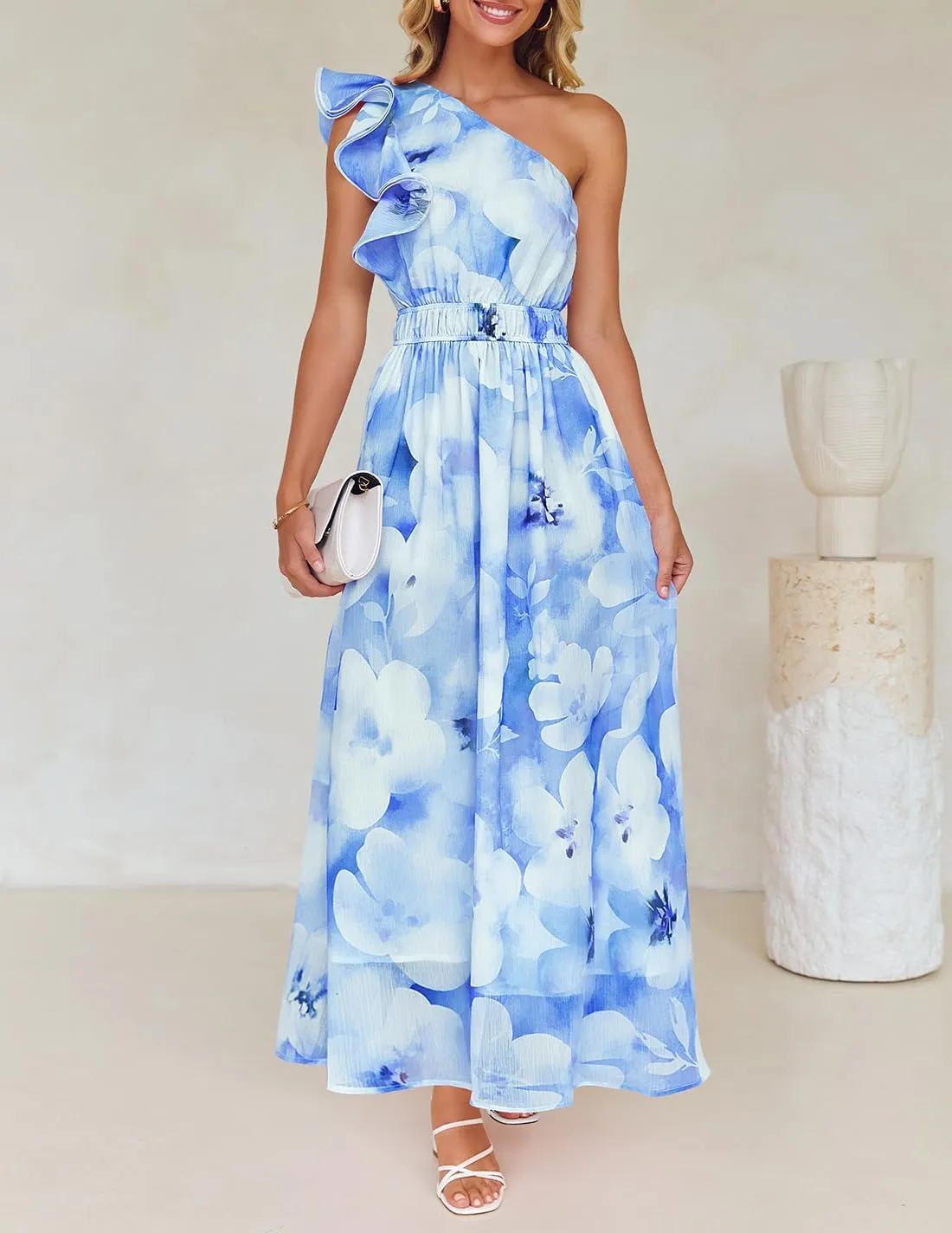 ZESICA Women's 2025 Boho Floral Sleeveless Maxi Dress Ruffle One Shoulder Elatsic High Waist Beach Party Long Dresses