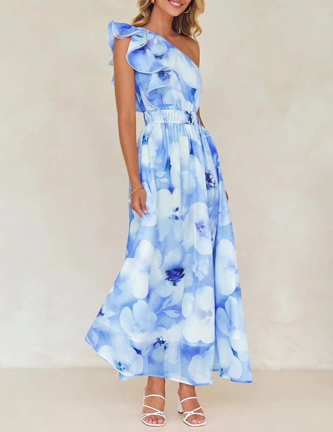 ZESICA Women's 2025 Boho Floral Sleeveless Maxi Dress Ruffle One Shoulder Elatsic High Waist Beach Party Long Dresses