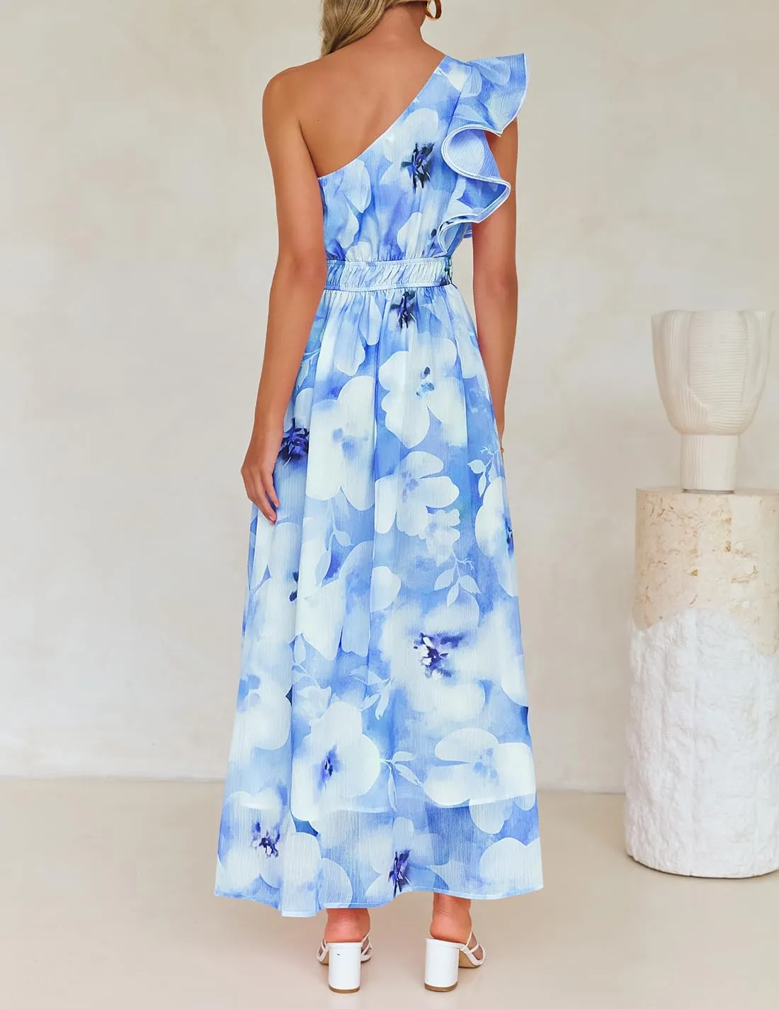 ZESICA Women's 2025 Boho Floral Sleeveless Maxi Dress Ruffle One Shoulder Elatsic High Waist Beach Party Long Dresses