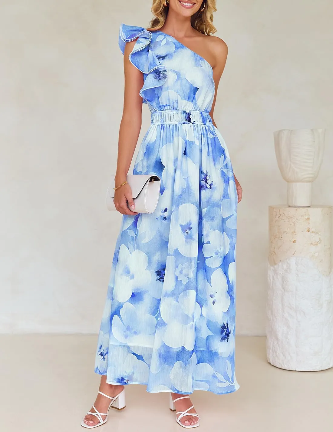 ZESICA Women's 2025 Boho Floral Sleeveless Maxi Dress Ruffle One Shoulder Elatsic High Waist Beach Party Long Dresses