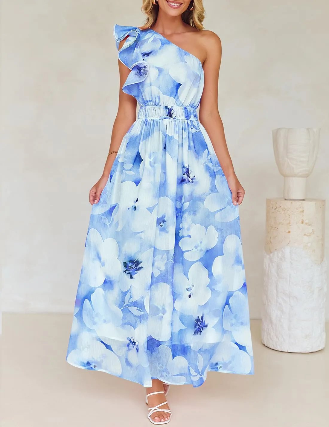 ZESICA Women's 2025 Boho Floral Sleeveless Maxi Dress Ruffle One Shoulder Elatsic High Waist Beach Party Long Dresses